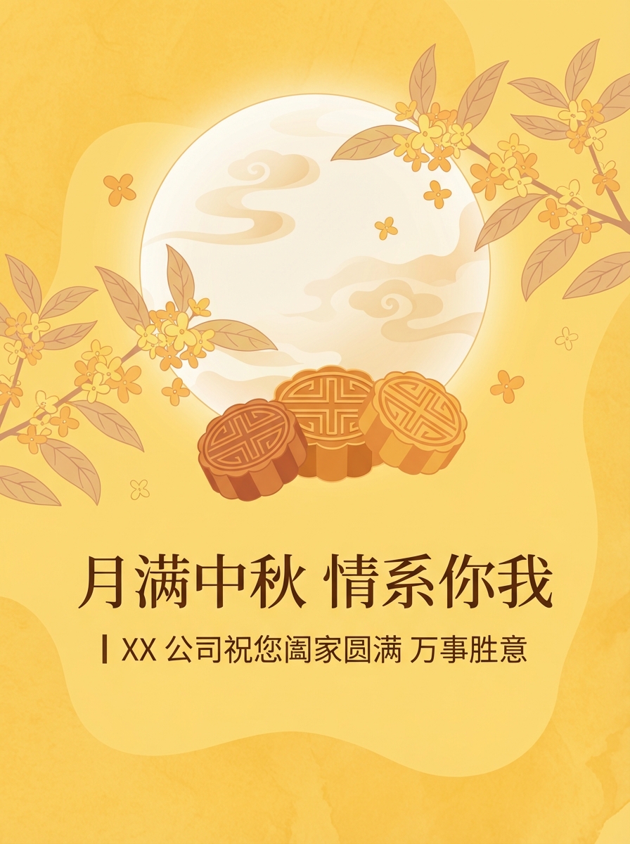 Minimalist poster: 中秋公司员工 & 客户祝福海报，暖黄色肌理背景 + 圆月 / 桂花 / 月饼元素，文案 “月满中秋 情系你我｜XX 公司祝您阖家圆满 万事胜意”. AI generated graphic with professional layout and typography.