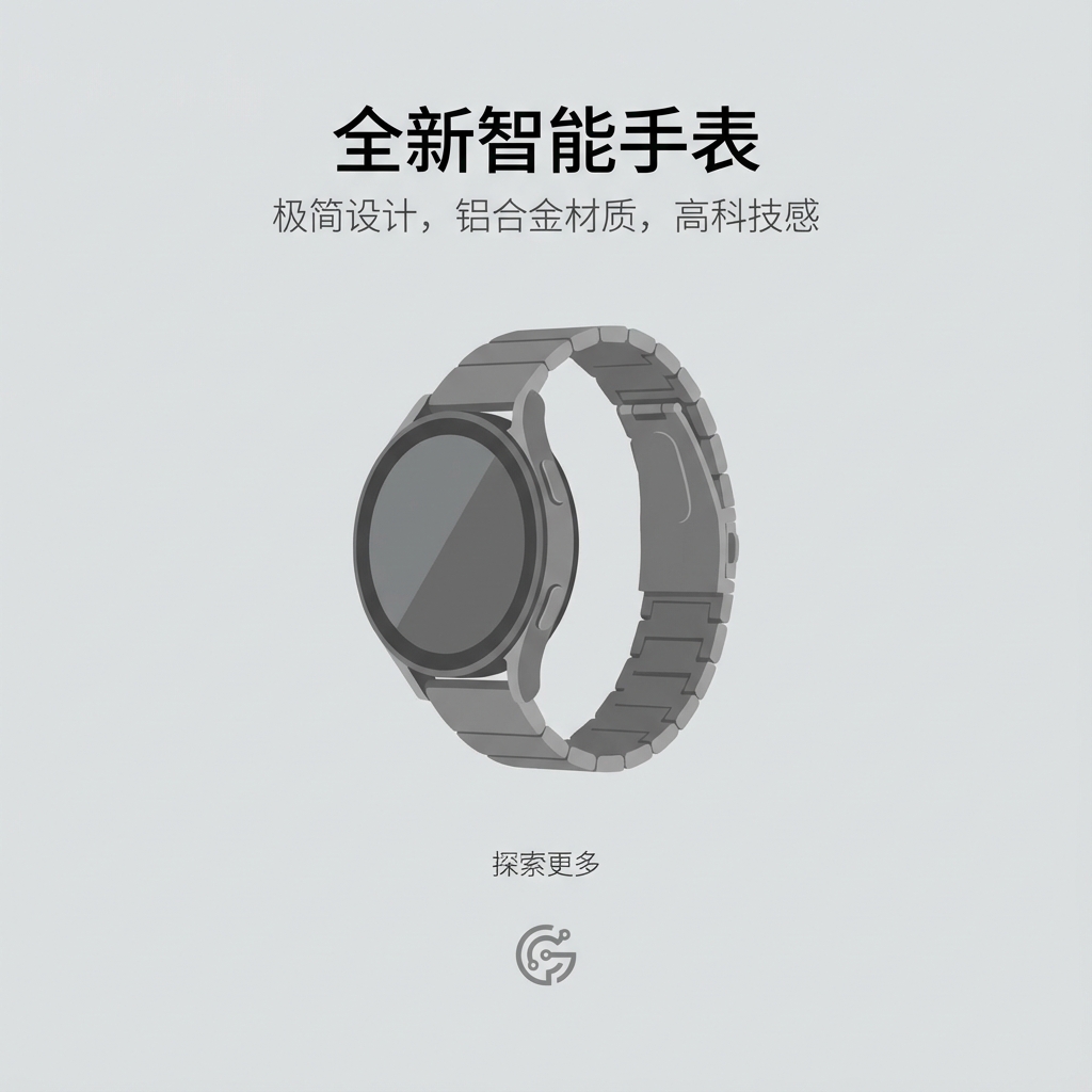 Minimalist poster: 全新智能手表发布，极简设计，铝合金材质，高科技感，苹果风. AI generated graphic with professional layout and typography.