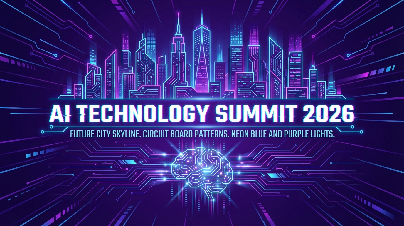 Cyberpunk / Tech poster: AI Technology Summit 2026, Future City Skyline, Circuit Board Patterns, Neon Blue and Purple Lights. AI generated graphic with professional layout and typography.