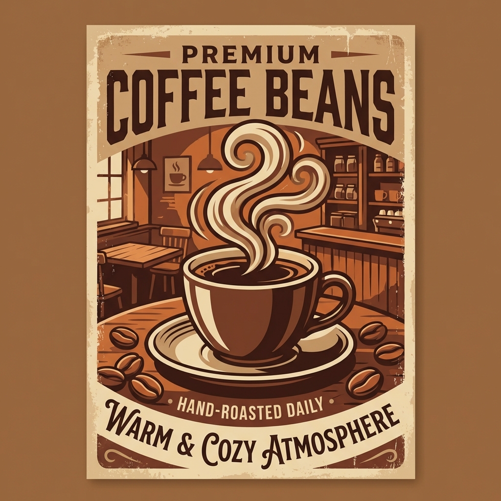 Retro / Vintage poster: Premium Coffee Beans, Warm and Cozy Atmosphere, Steam rising from cup, Coffee shop background. AI generated graphic with professional layout and typography.