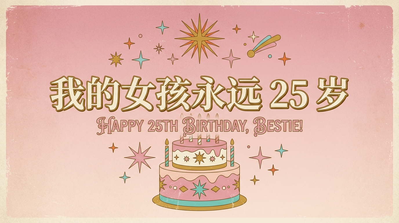 Retro / Vintage poster: 闺蜜 25 岁生日，粉色渐变背景 + 蛋糕 / 星星元素，写‘我的女孩永远 25 岁’. AI generated graphic with professional layout and typography.