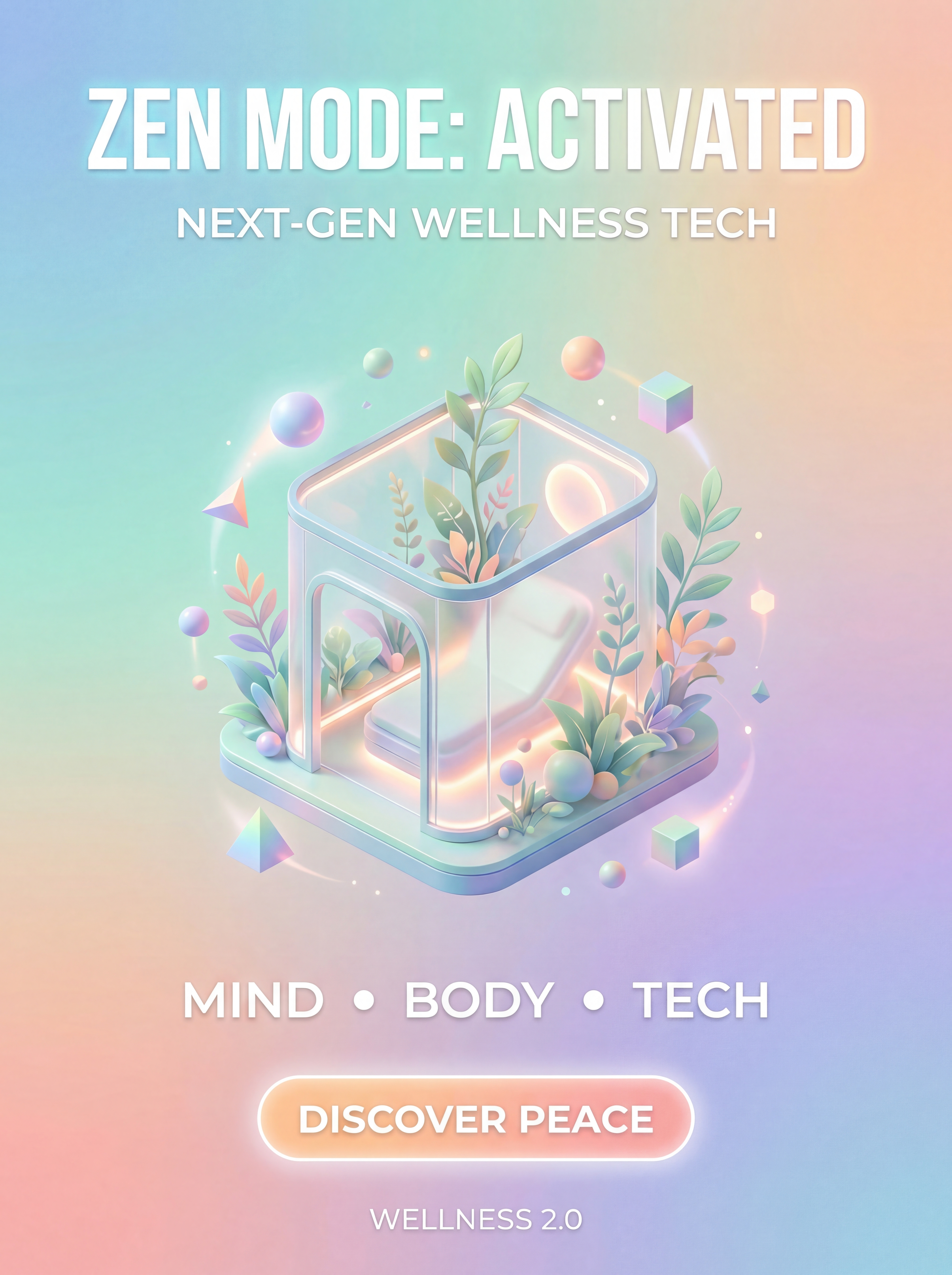 3D Render / Isometric poster: "title": "Wellness Tech 3D",
"prompt": "Soft 3D render of a futuristic meditation pod, pastel colors, floating geometric shapes, calming lighting, glass textures, plant integration, high fidelity.",
"style": "3D Render / Isometric",
"aspectRatio": "3:4",
"colorScheme": "Pastel Zen",
"headline": "Zen Mode: Activated",
"subHeadline": "Next-Gen Wellness Tech",
"keyInfo": "Mind • Body • Tech",
"cta": "Discover Peace",
"footer": "Wellness 2.0". AI generated graphic with professional layout and typography.