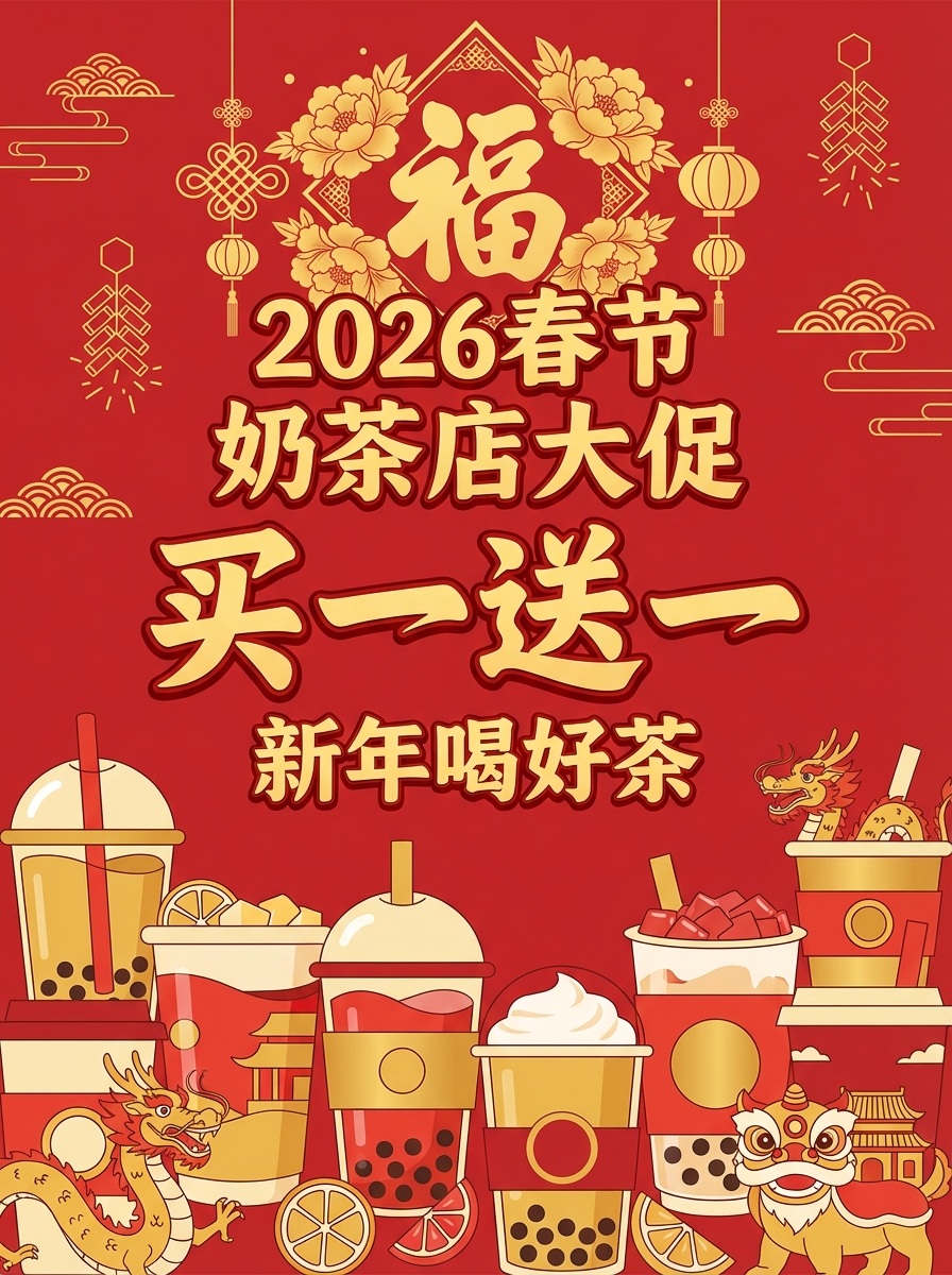Festive & Vibrant poster: 2026 春节奶茶店大促，红色背景 + 金色福字 + 奶茶杯元素，写‘买一送一 新年喝好茶. AI generated graphic with professional layout and typography.