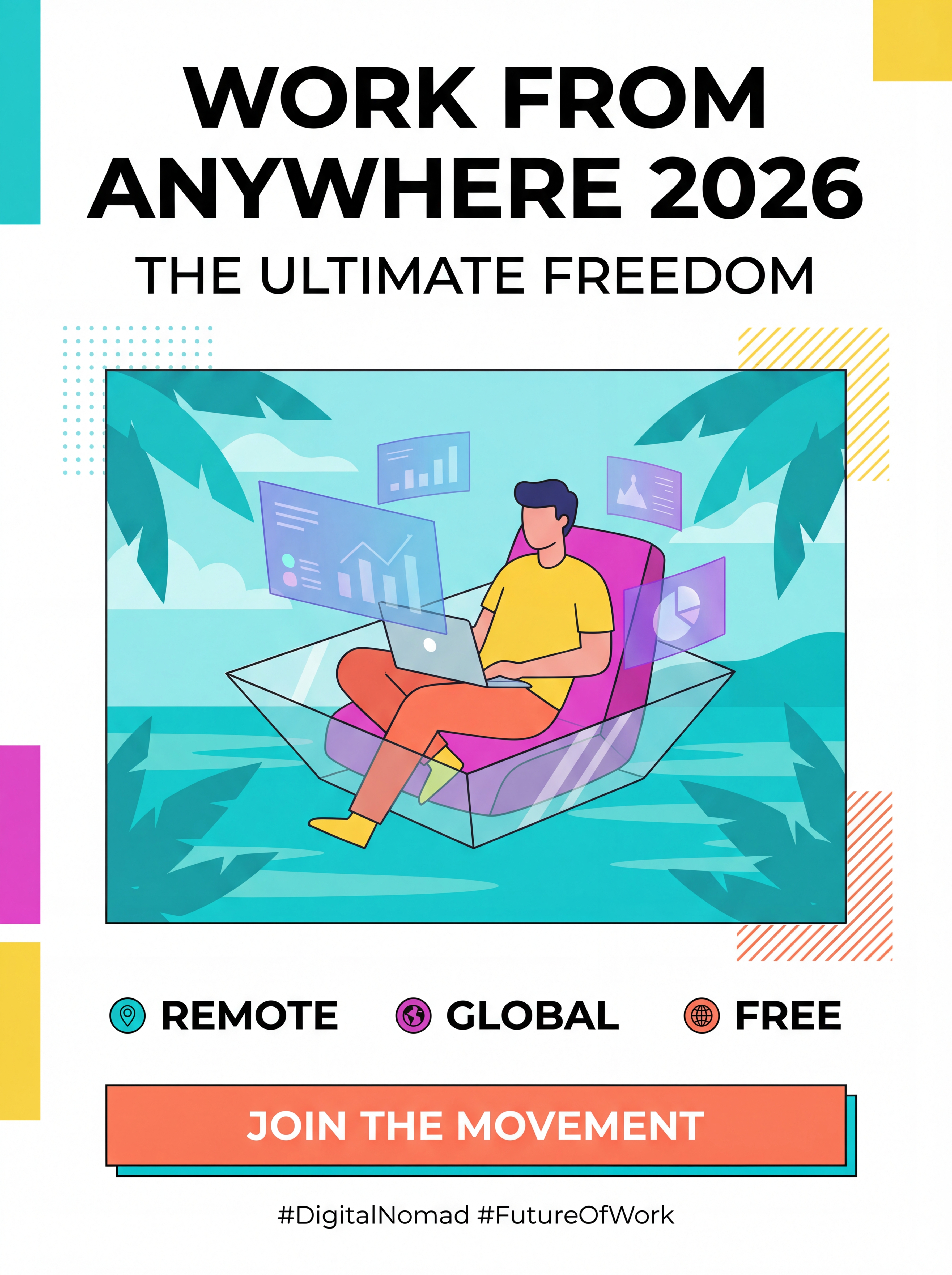 Minimalist poster: {
"title": "Digital Nomad Pop",
"prompt": "Vibrant pop art style illustration of a digital nomad working from a floating beach pod in 2026, holographic screens, tropical colors, bold outlines, ben-day dots, energetic atmosphere.",
"style": "Pop Art / Comic",
"aspectRatio": "3:4",
"colorScheme": "Tropical Pop",
"headline": "Work From Anywhere 2026",
"subHeadline": "The Ultimate Freedom",
"keyInfo": "Remote • Global • Free",
"cta": "Join the Movement",
"footer": "#DigitalNomad #FutureOfWork"
}. AI generated graphic with professional layout and typography.