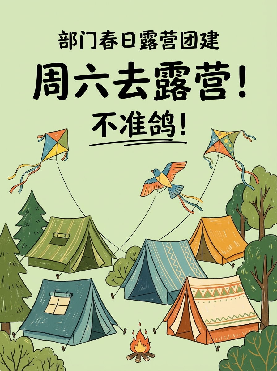 Hand-drawn Artistic poster: 部门春日露营团建，浅绿色背景 + 帐篷 / 风筝元素，文案‘周六去露营！不准鸽！. AI generated graphic with professional layout and typography.