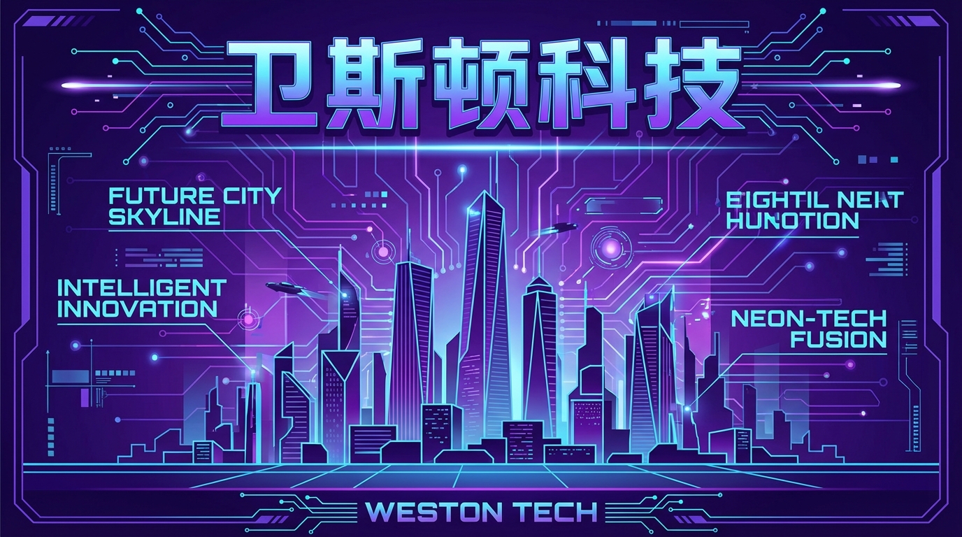 Cyberpunk / Tech poster: 卫斯顿科技，未来城市天际线，电路板图案，霓虹蓝紫光. AI generated graphic with professional layout and typography.