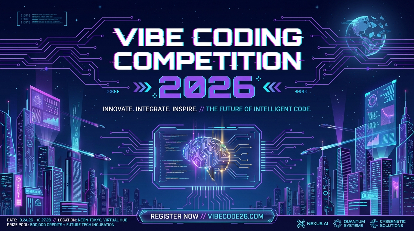 Cyberpunk / Tech poster: Subject: Vibe Coding Competition 2026
Style: Cyberpunk, Futuristic, Tech-Noir
Elements: Future city skyline, Glowing circuit patterns, Holographic UI elements, Deep space blue
Atmosphere: Innovative, High-tech, Intelligent. AI generated graphic with professional layout and typography.