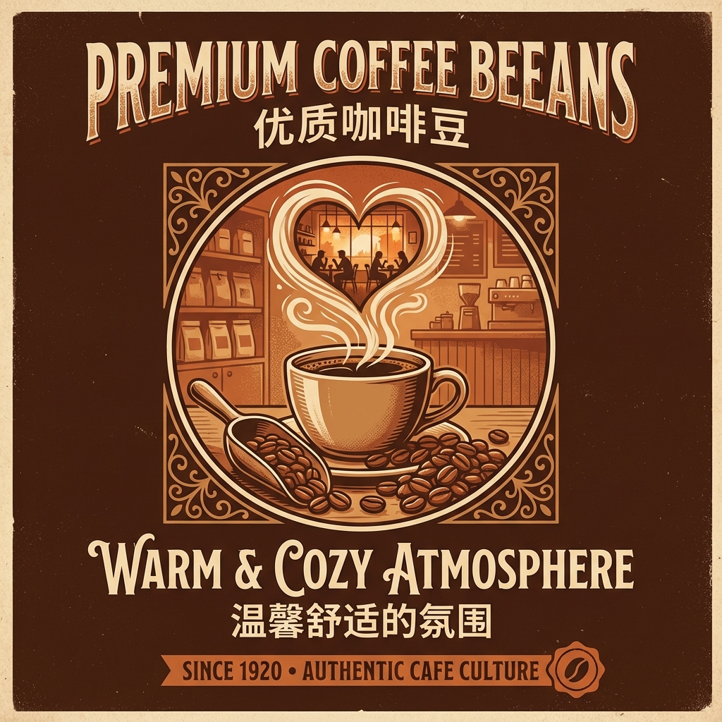 Retro / Vintage poster: 优质咖啡豆，温馨舒适的氛围，杯中升起的蒸汽，咖啡馆背景. AI generated graphic with professional layout and typography.