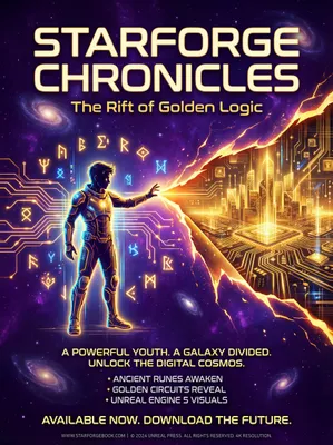 Cyberpunk / Tech poster: 震撼的电影感书名封面，一位强大的年轻人站在银河中心。他的手划过虚空，星空像纸一样被剪开并剥离，裂缝中露出壮丽的金色数字逻辑世界。四周漂浮着发光的古老符文和金色电路纹路。杰作，深邃宇宙紫与神圣金色的高对比度，4K分辨率，虚幻引擎5渲染，史诗规模，极度精细。. AI generated graphic with professional layout and typography.
