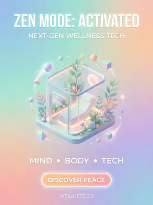 3D Render / Isometric poster: "title": "Wellness Tech 3D",
    "prompt": "Soft 3D render of a futuristic meditation pod, pastel colors, floating geometric shapes, calming lighting, glass textures, plant integration, high fidelity.",
    "style": "3D Render / Isometric",
    "aspectRatio": "3:4",
    "colorScheme": "Pastel Zen",
    "headline": "Zen Mode: Activated",
    "subHeadline": "Next-Gen Wellness Tech",
    "keyInfo": "Mind • Body • Tech",
    "cta": "Discover Peace",
    "footer": "Wellness 2.0". AI generated graphic with professional layout and typography.