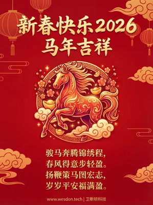 Festive & Vibrant poster: Headline: 新春快乐 2026
Sub-headline: 马年吉祥
Key Info: 骏马奔腾锦绣程， 春风得意步轻盈。 扬鞭策马图宏志， 岁岁平安福满盈。
Footer: www.wesdon.tech | 卫斯顿科技
Additional Info: 不要CTA. AI generated graphic with professional layout and typography.