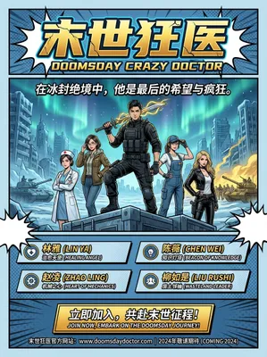 Pop Art / Comic poster: Headline: 末世狂医
Additional Info: 一位身穿黑色战术服的亚洲男性医生（30岁，冷峻帅气质）站在钢铁堡垒顶端，手中握着手术刀改造成的武器，背后是冰封的末日城市，极光照耀下的冰原背景，远处可见坦克和军队。身旁环绕着四位美女：穿白大褂的护士林雅、穿冲锋衣的老师陈薇、穿工装裤的工程师赵凌、穿皮衣的女首领柳如是。色调冷蓝与钢铁灰为主，金色光芒点缀，女性角色性感. AI generated graphic with professional layout and typography.