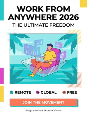 Minimalist poster: {
    "title": "Digital Nomad Pop",
    "prompt": "Vibrant pop art style illustration of a digital nomad working from a floating beach pod in 2026, holographic screens, tropical colors, bold outlines, ben-day dots, energetic atmosphere.",
    "style": "Pop Art / Comic",
    "aspectRatio": "3:4",
    "colorScheme": "Tropical Pop",
    "headline": "Work From Anywhere 2026",
    "subHeadline": "The Ultimate Freedom",
    "keyInfo": "Remote • Global • Free",
    "cta": "Join the Movement",
    "footer": "#DigitalNomad #FutureOfWork"
  }. AI generated graphic with professional layout and typography.